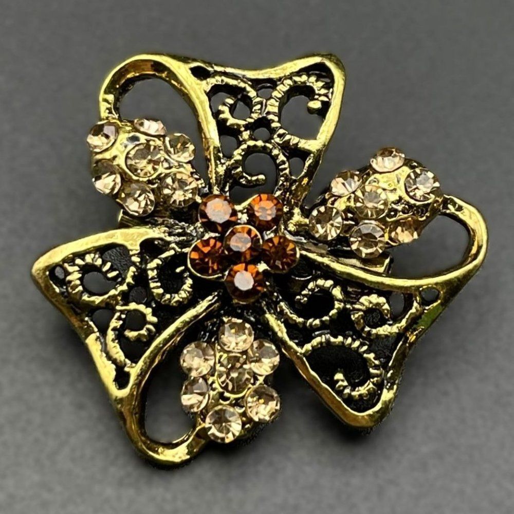 Yellow Gold with Champagne and Brown Topaz Crystal Ornate Flower Pin Back Brooch